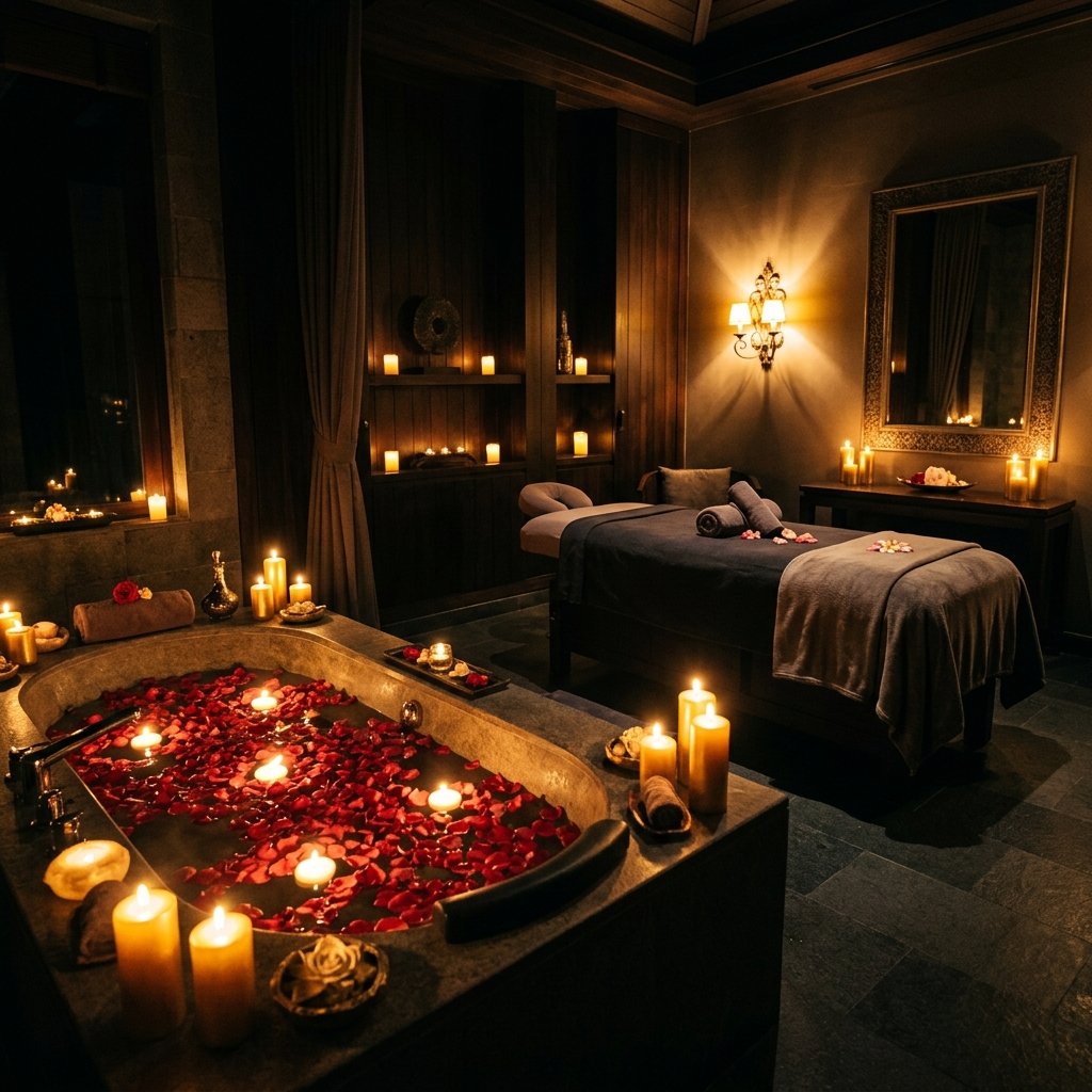 Warm candlelit treatment room at Shine Spa